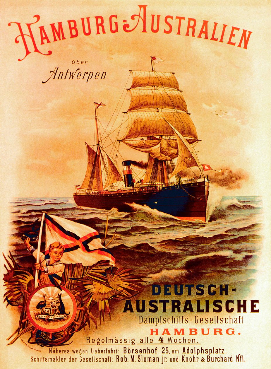 Hamburg – Ausztrália, a német ausztrál gőzhajózási társaságot reklámozó plakát, 1889 alkotó: German School