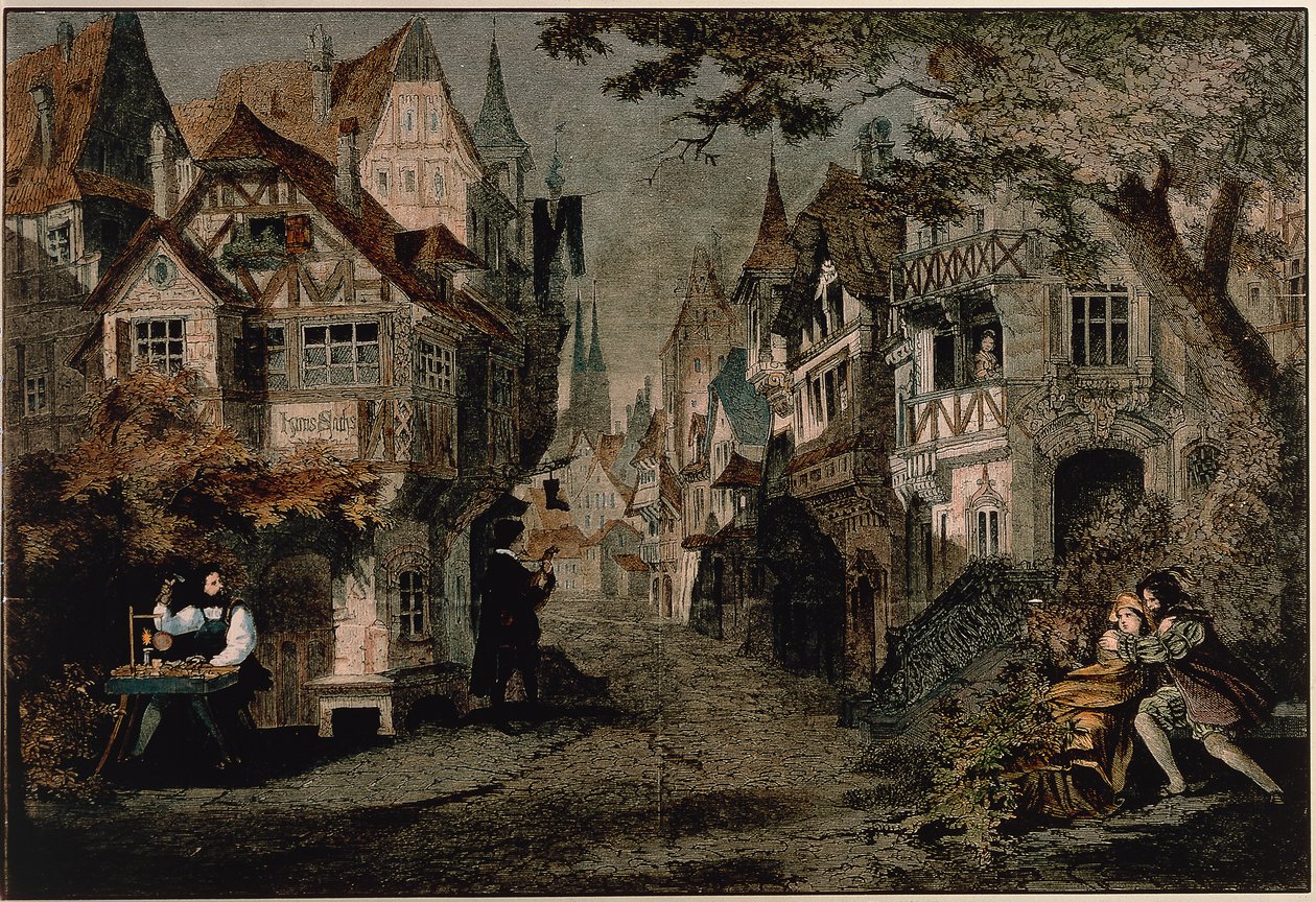 Hans Sachs, 2. jelenet Richard Wagner „Die Meistersinger” című művéből (színes metszet) alkotó: German School