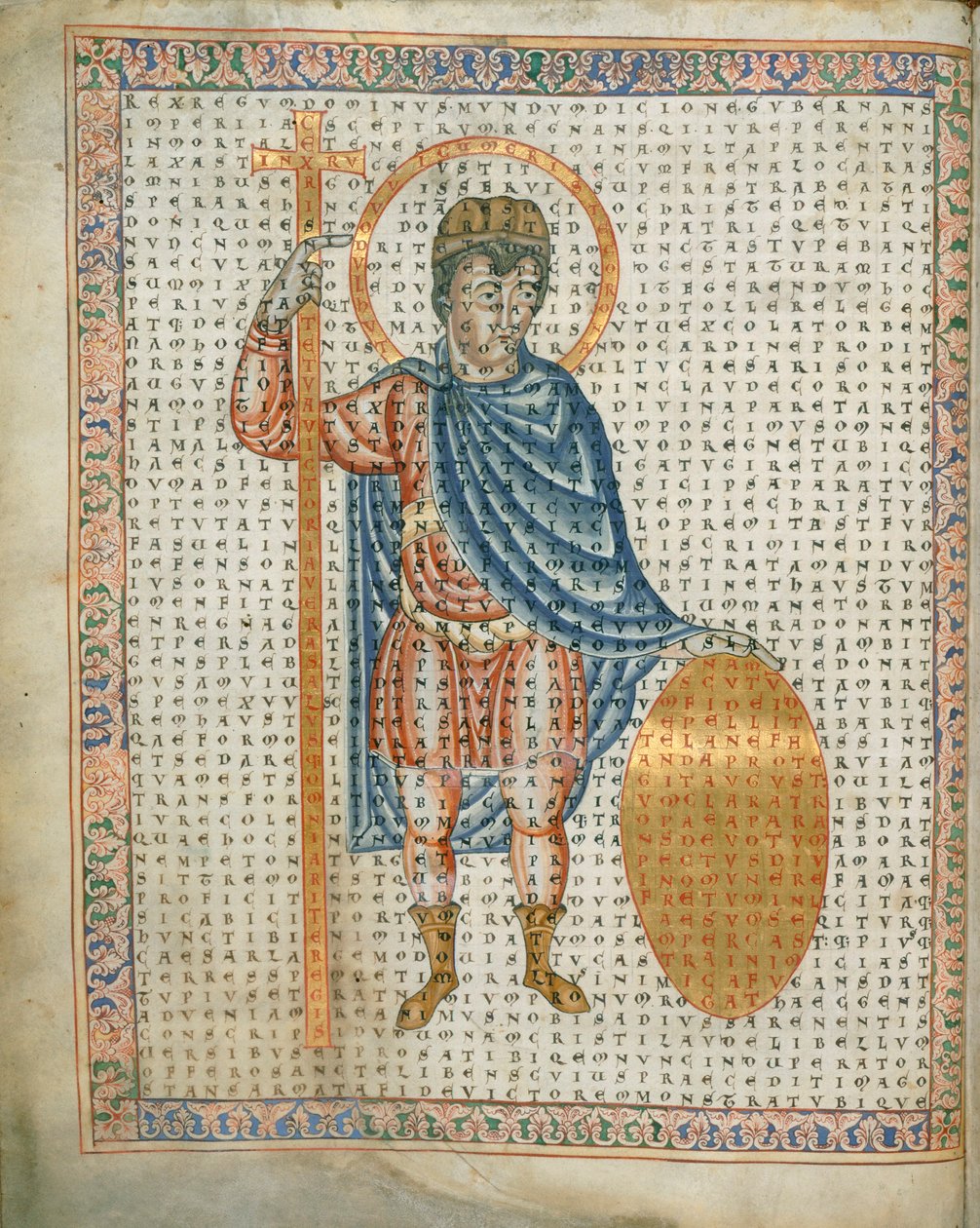 Harley 3045 fol.2 I. Lajos császár, a Jámbor, kezében egy kereszt és pajzs, a 