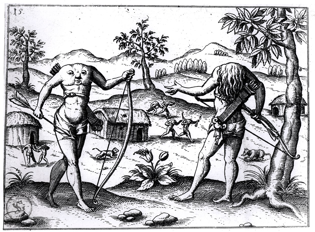 Fej nélküli férfiak és nők, illusztráció Sir Walter Raleigh Guyanáról szóló beszámolójából, amelyet Nürnbergben adtak ki, 1599 alkotó: German School
