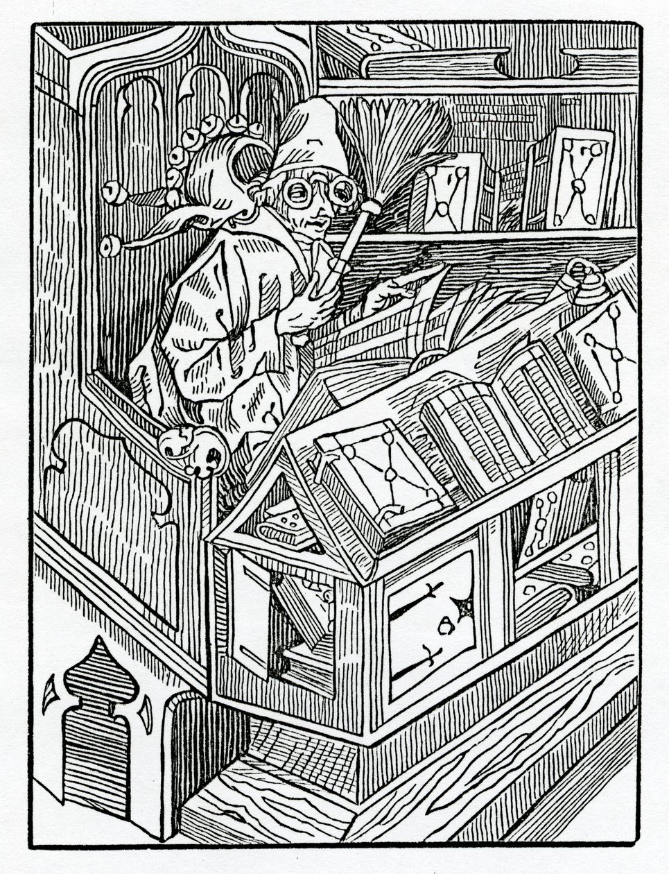 Itt kezdődnek a folek és az első haszontalan boke-ok, illusztráció Alexander Barclay „A bolondok hajója” angol fordításából, egy 1874-ben megjelent kiadásból. alkotó: German School