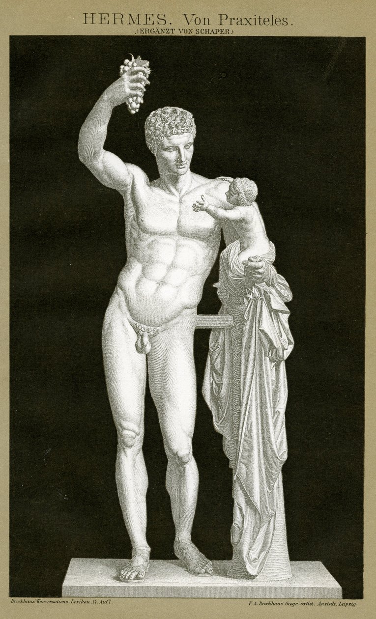 Hermész és a csecsemő Dionüszosz, amelyet Praxitelesnek tulajdonítottak 1895 körül (színes kromolitográfia) alkotó: German School
