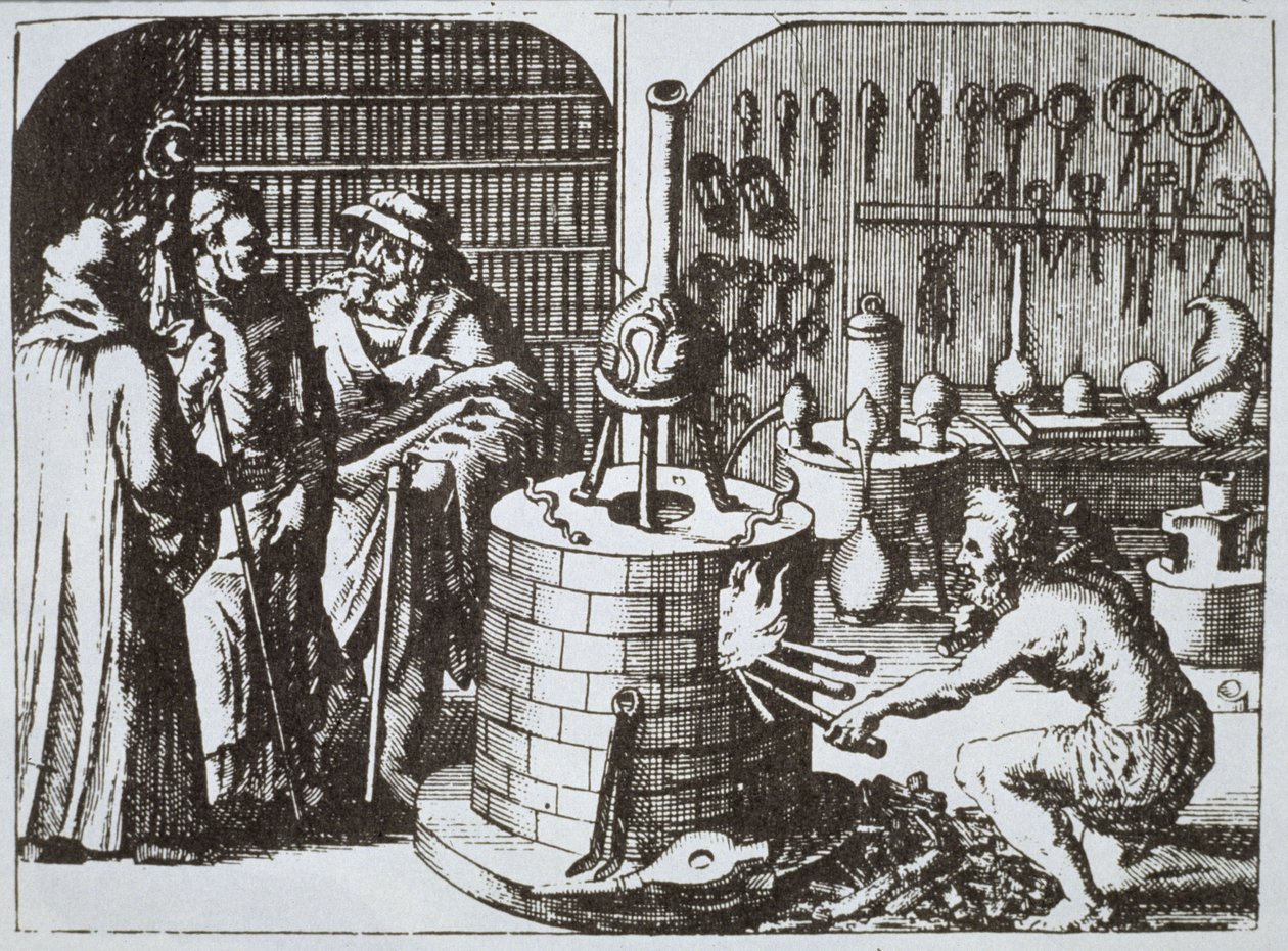 Hermetikus filozófusok és alkimista, Michael Majer Hermeticum Múzeumából (1625), a 19. század végén megjelent mágiatörténetben illusztrálva alkotó: German School
