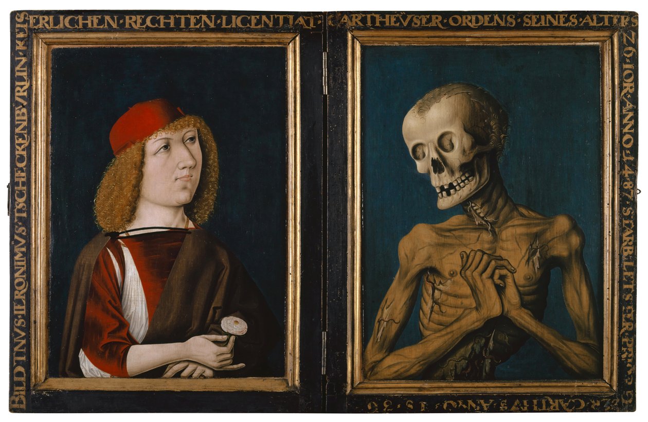 Hieronymus Tscheckenbürlin és a halál megszemélyesítése, 1487 (vegyes technika hársfán) alkotó: German School