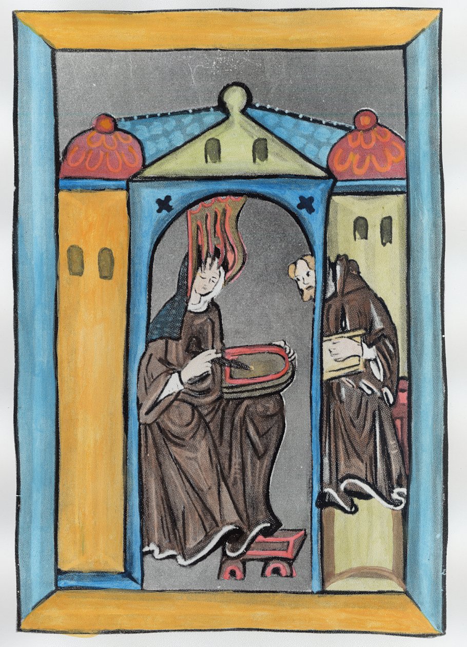 Bingeni Hildegard megkapja a mennyből a fényt, 1151 körül (későbbi színezés) alkotó: German School