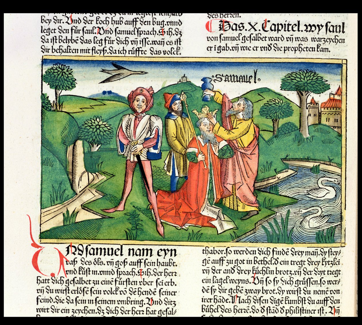 I. Sámuel 10. Saul koronázása és felkenése, a Nürnbergi Bibliából (Biblia Sacra Germanica) (színes fametszet) alkotó: German School