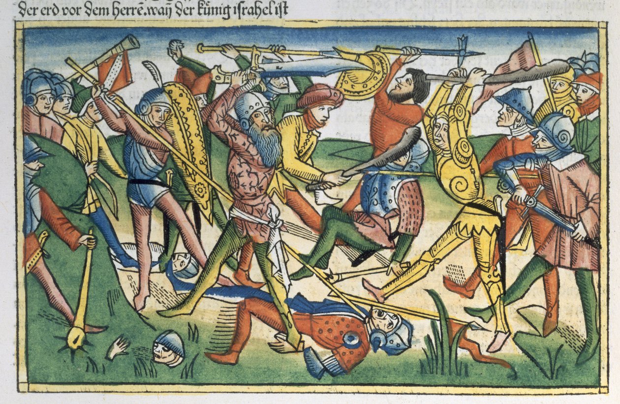 I. Sámuel 28 1-2 A filiszteusok háborúja Izrael ellen, a nürnbergi Bibliából (Biblia Sacra Germanaica) (színes fametszet) alkotó: German School