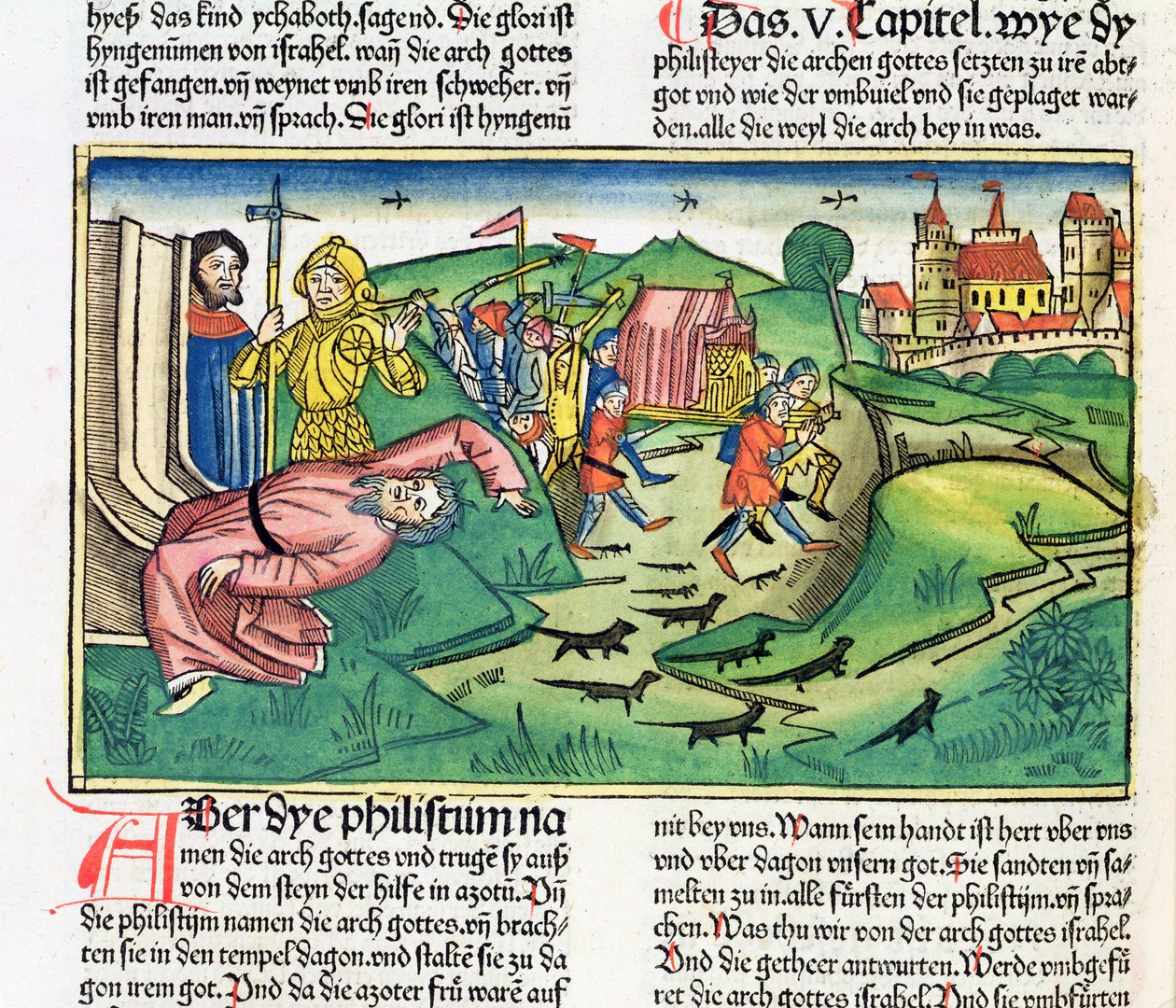 I. Sámuel 5:1-11 A filiszteusok megragadják a bárkát, és pestis sújtja őket, a nürnbergi Bibliából (Biblia Sacra Germanaica) (színes fametszet) alkotó: German School