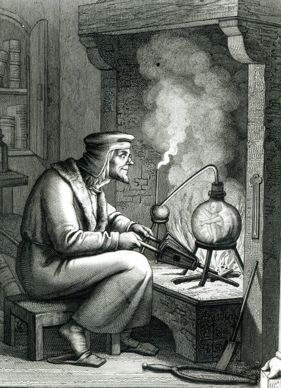 Goethes Faust illusztrációja, amely Mefisztóst ábrázolja, amint egy homunculust készít, 1854 alkotó: German School