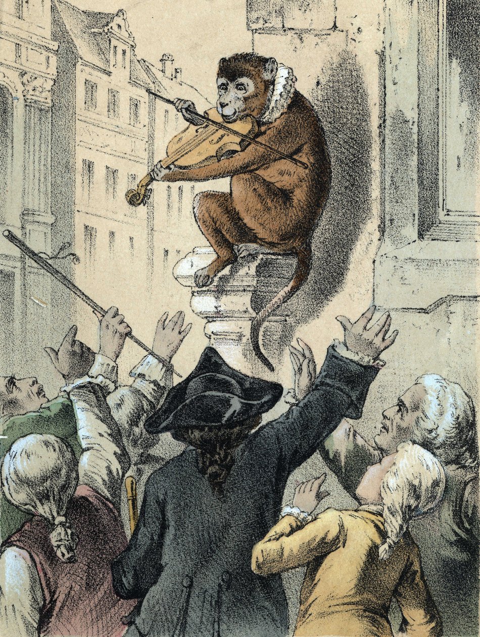 Illusztráció Franz Hoffmann meséiből „Mesék és mesék – A majom és a hegedű””: egy majom hegedül a tömeg előtt. századi kromolitográfiája. alkotó: German School