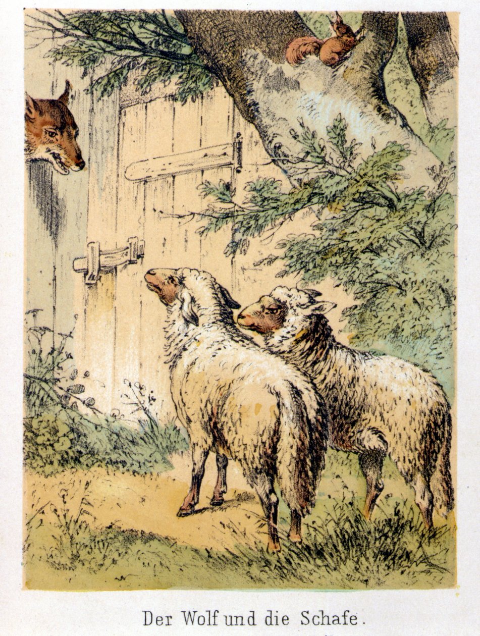 Illusztráció Franz Hoffmann meséiből „Mesék és mesék – A farkas és a birka””: egy farkas beszélget a két birkával. századi kromolitográfiája. alkotó: German School