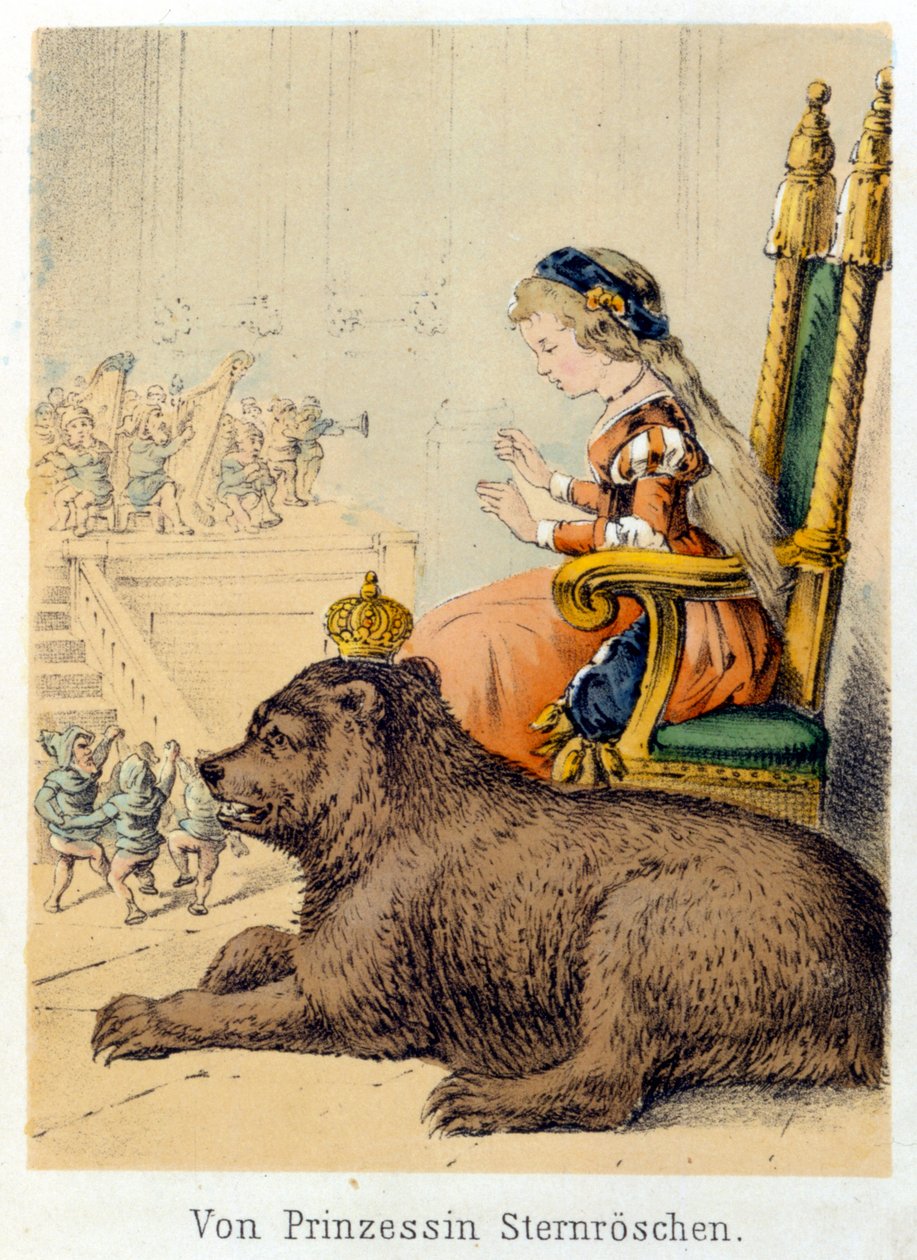 Illusztráció Franz Hoffmann „” Mesék és mesék – Von Prinzessin Sternr¿schen” című meséiből: hercegnő a medvekirály mellett. századi kromolitográfiája. alkotó: German School