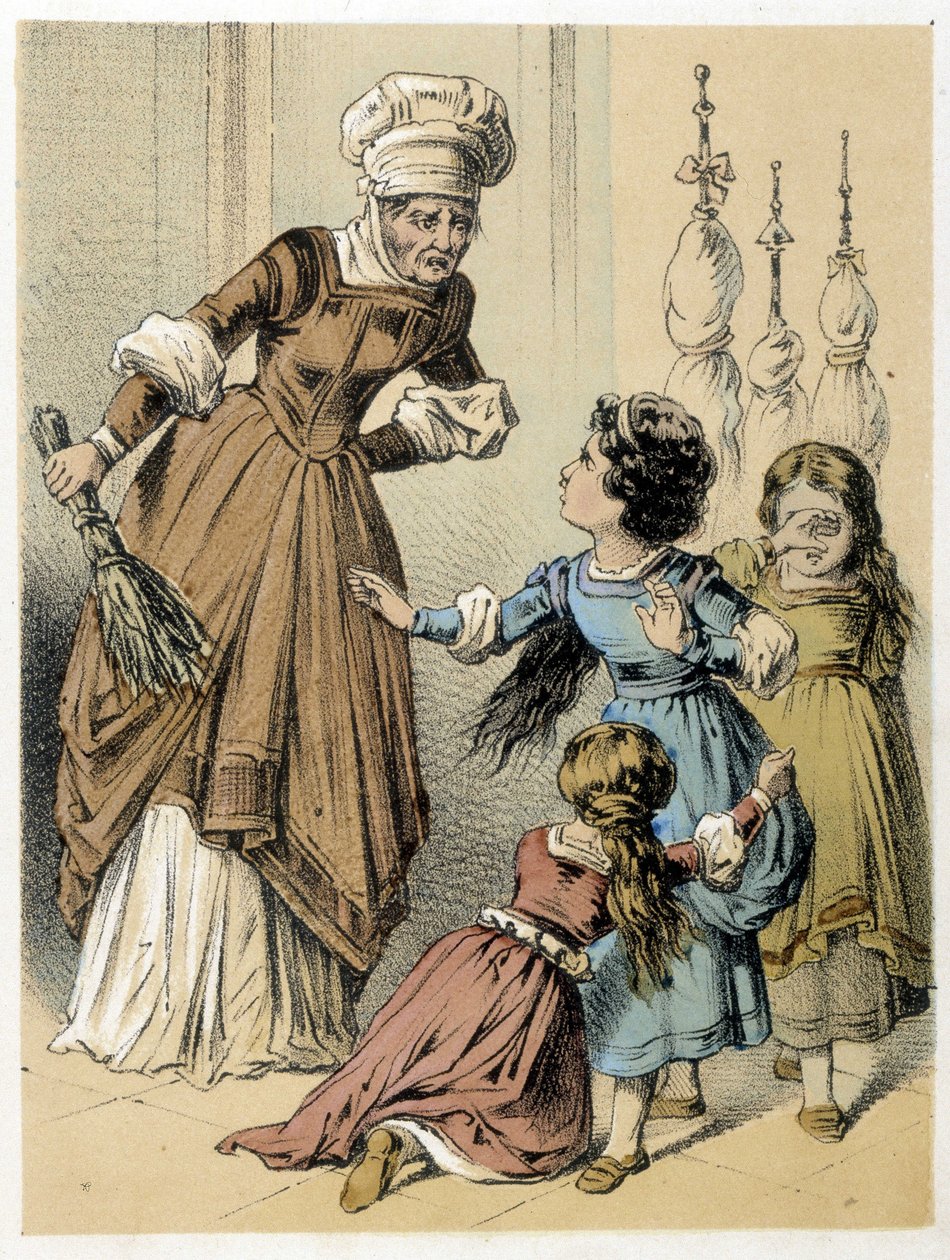 Illusztráció Franz Hoffmann „” Tales et Fables – Les 3 Gifts” című meséiből: egy nő bántalmazta a 3 lányt. századi kromolitográfiája. alkotó: German School