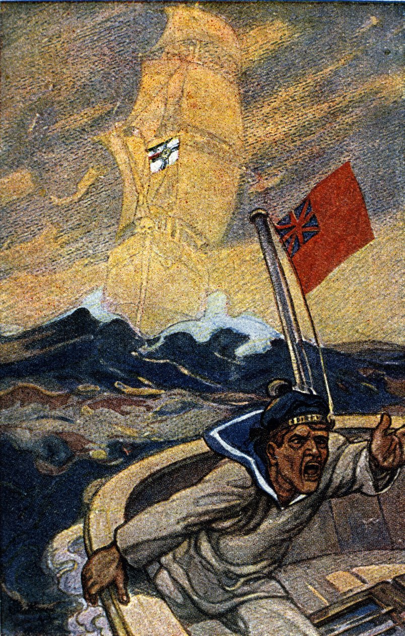 Illusztráció a német propagandáról a Jugend folyóiratból az 1. világháború idején. Egy angol tengerészt terrorizál a Birodalom lobogója alatt hajózó szellemhajó megjelenése. alkotó: German School