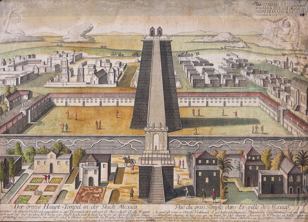 A főtemplom (Templo Mayor) képzeletbeli rekonstrukciója Mexikóvárosban (színes metszet) alkotó: German School