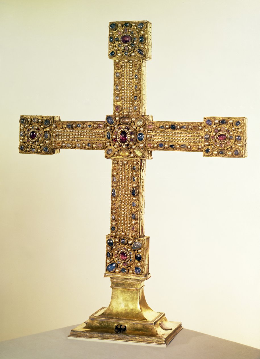 A Szent Római Birodalom császári keresztje tölgyből, aranylemezekkel borítva, gyöngyökkel és drágakövekkel díszítve, nyugatnémet, 1024-25 (tölgy, arany, drágakövek és gyöngyök) alkotó: German School