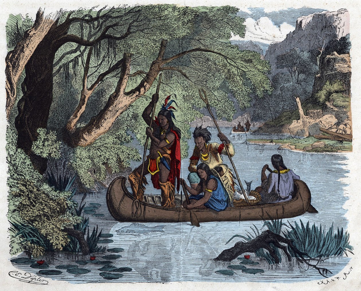 Indiánok horgásznak egy kenu fedélzetén egy folyón Amerikában. A "" Wenn Jemand eine Reise thut, so kann er was erzahlen" (Ha valaki utazik, ezt tudja elmondani) című német meséjében Franz Wiedemann alkotó: German School