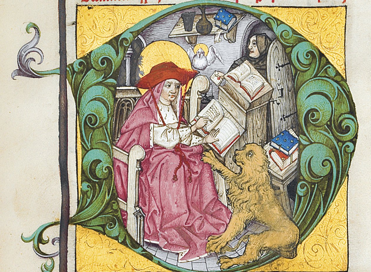 D kezdőbetűje az Epistolae Hieronymusból, Szent Jeromos leveleiből és traktátusaiból, szerkesztette Adrianus Brielis alkotó: German School
