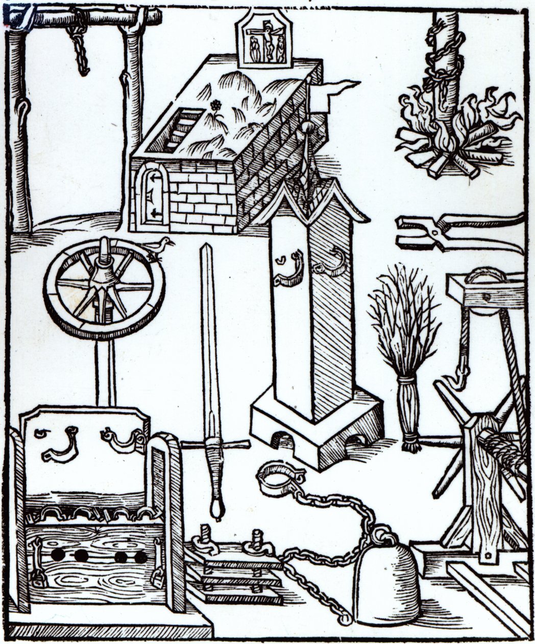 Kivégző-, büntetés- és kínzóeszközök, illusztráció a Bamberger Halsgerichtből, 1507 alkotó: German School