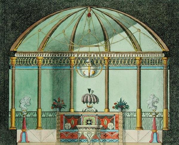 Egy kínai kerti templom belseje, a „Recent New Ideas for the Garden” című könyvből, 1779-ben (színes litho) alkotó: German School