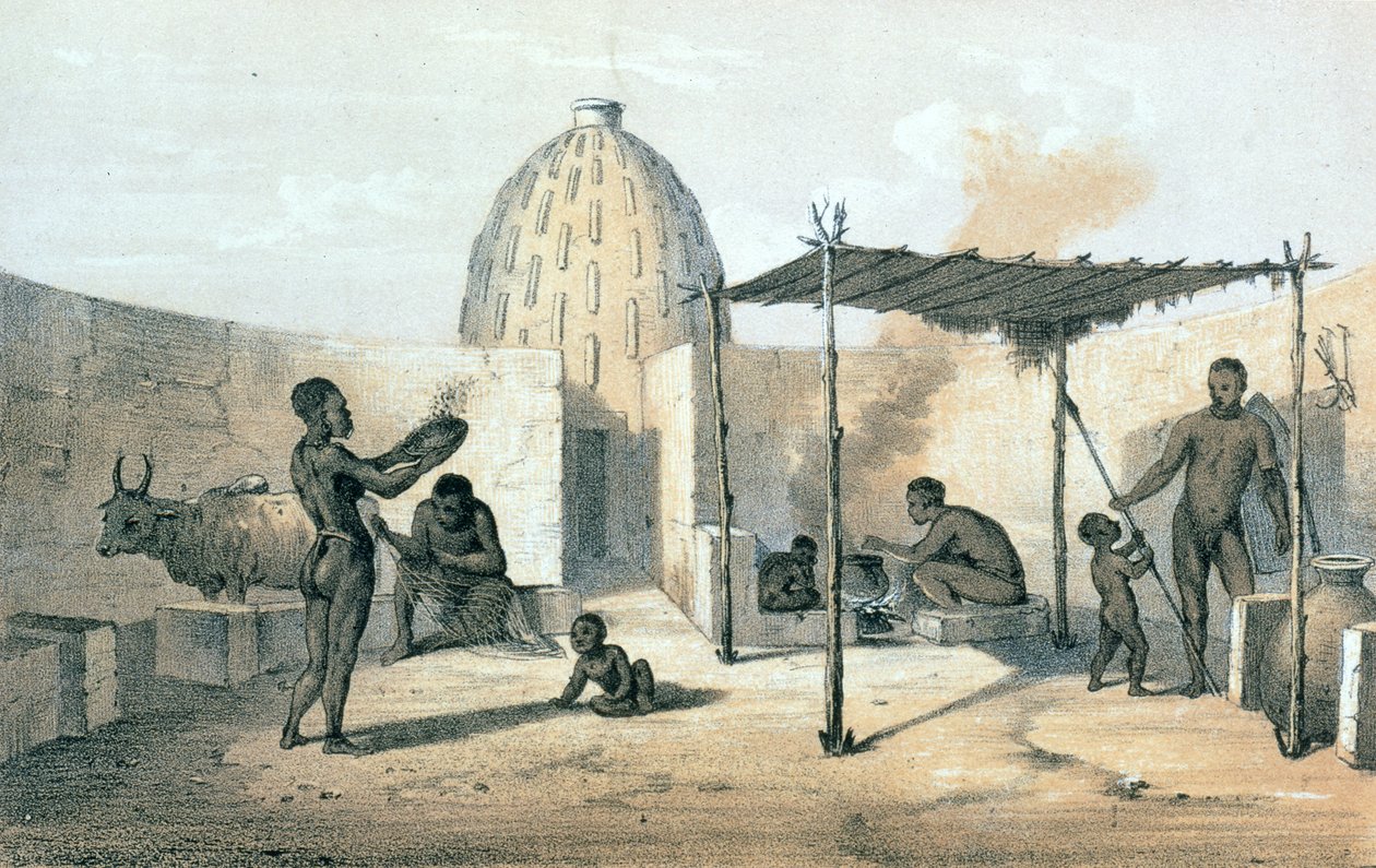 Egy Musgu-lakás belseje Csád közelében, Dr. Heinrich Barth (1821-65) „Utazások és felfedezések Észak- és Közép-Afrikában” című művéből (litho) alkotó: German School
