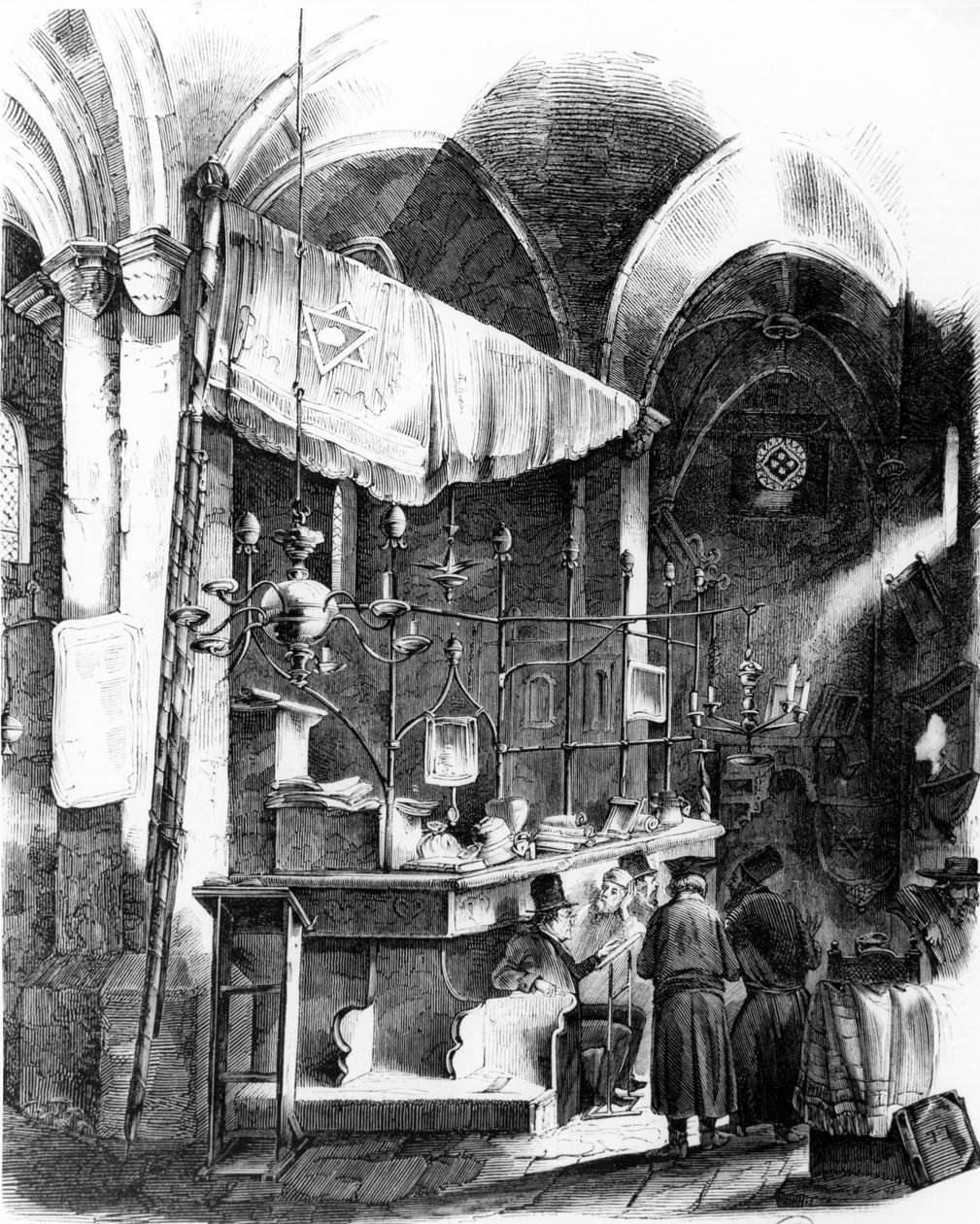 Az Altneuschul (régi-új zsinagóga) belseje, Prága, 1852 alkotó: German School