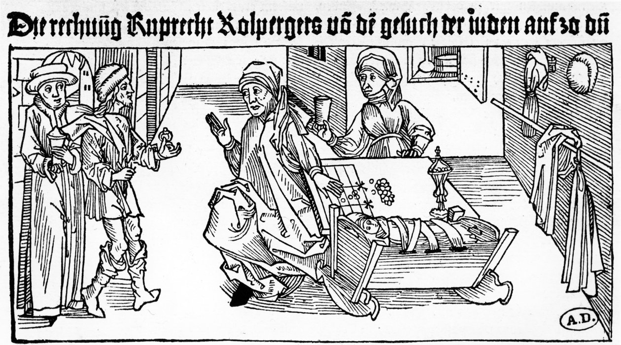 Zsidó pénzkölcsönző családjával ügyfeleket fogad, 1491 (fametszet) alkotó: German School