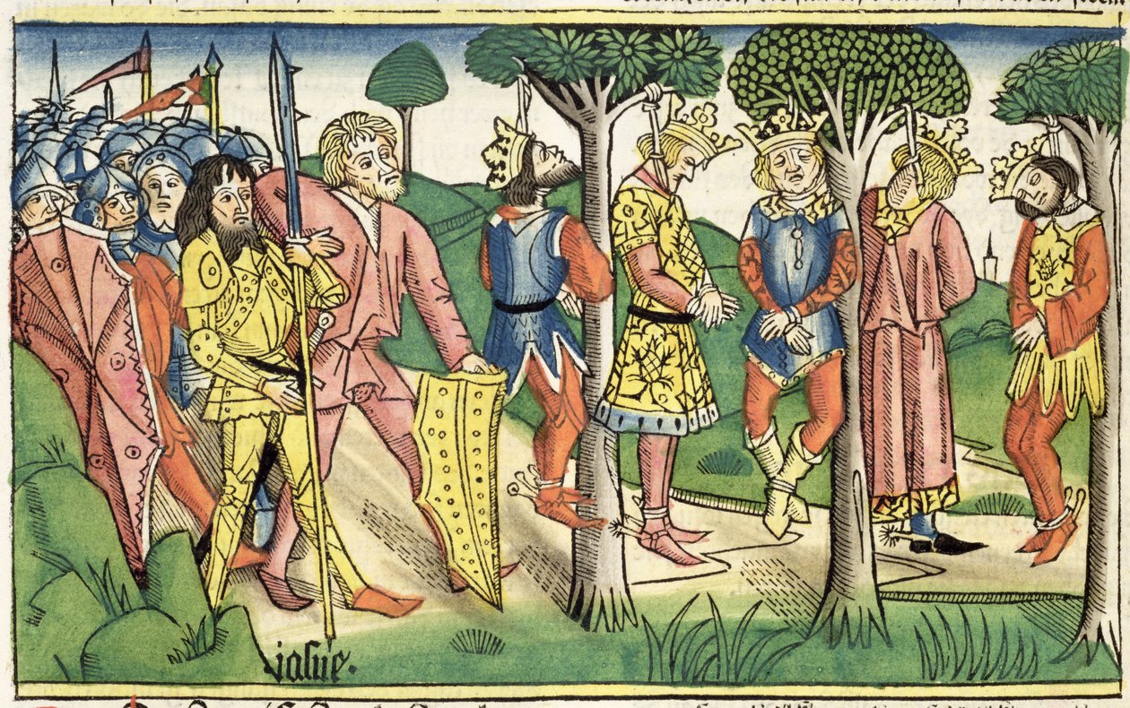 Józsué 10 16-27 Az öt király kivégzése, a „Nürnbergi Bibliából (Biblia Sacra Germanaica)” (színes fametszet) alkotó: German School