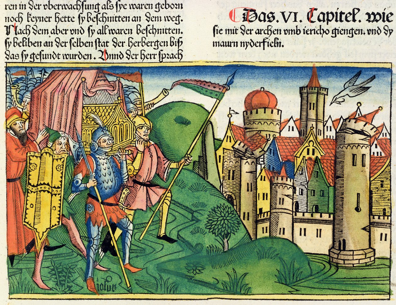 Józsué 6 4-21 Jerikó bukása, a Nürnbergi Bibliából (Biblia Sacra Germanaica) (színes fametszet) alkotó: German School