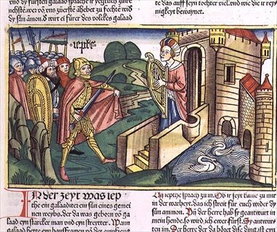 Bírák 11 29-40 Jéfta lánya köszönti apját, a "Nürnbergi Bibliából (Biblia Sacra Germanaica)" (színes fametszet). alkotó: German School