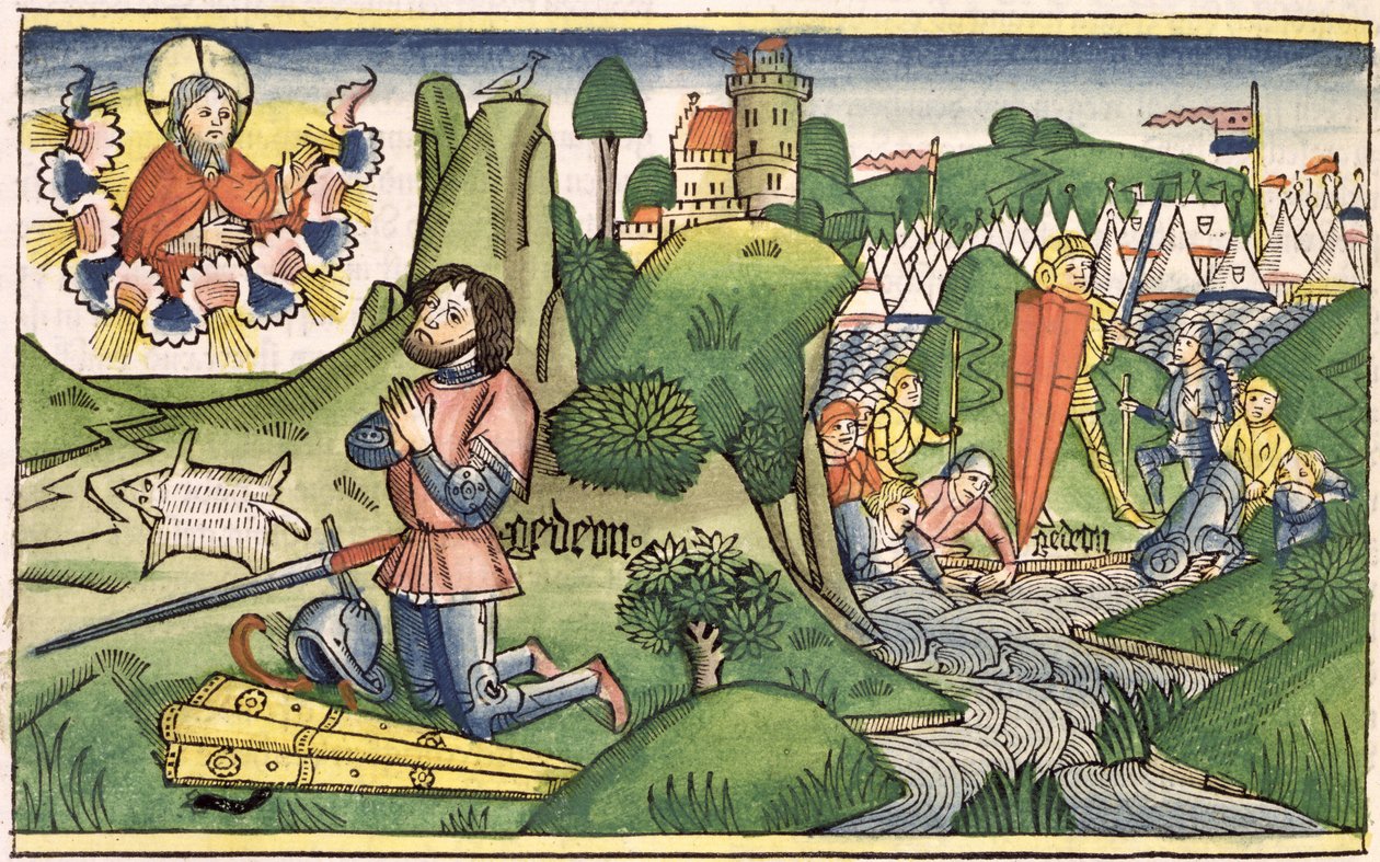 Bírák 6 36 Gedeon előveszi a gyapjút, a nürnbergi Bibliából (Biblia Sacra Germanaica) (színes fametszet) alkotó: German School