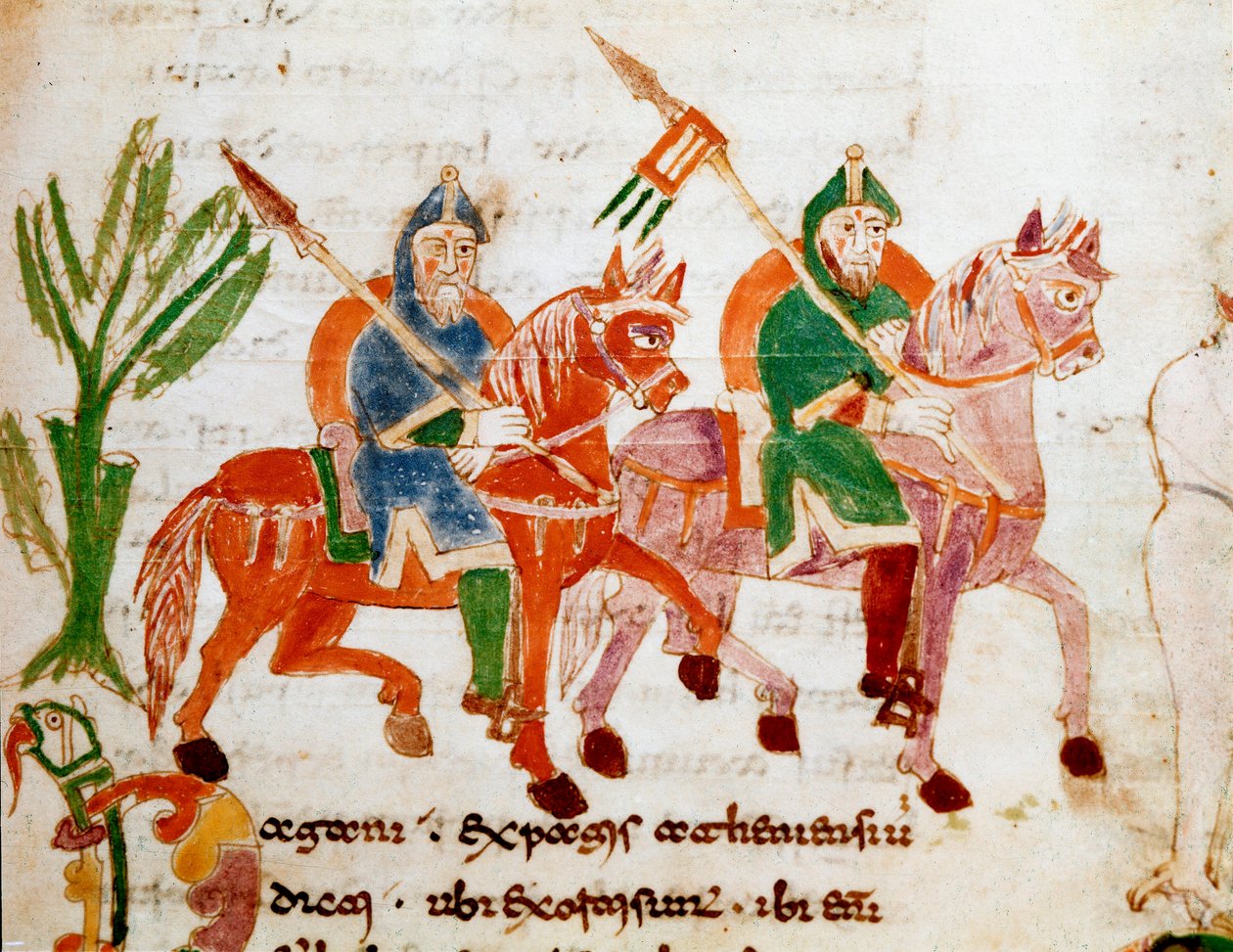 Lovagok lovakkal Miniatűr Rabanus Maurus Magnentius (vagy Raban Maur vagy Rabano Mauro, kb. 780-856) "" De Universo" vagy "" De rerum naturis"" (A dolgok természetéről) kéziratából. 9. század. A Monte Cassino apátság archívuma (Cassin-hegy) alkotó: German School