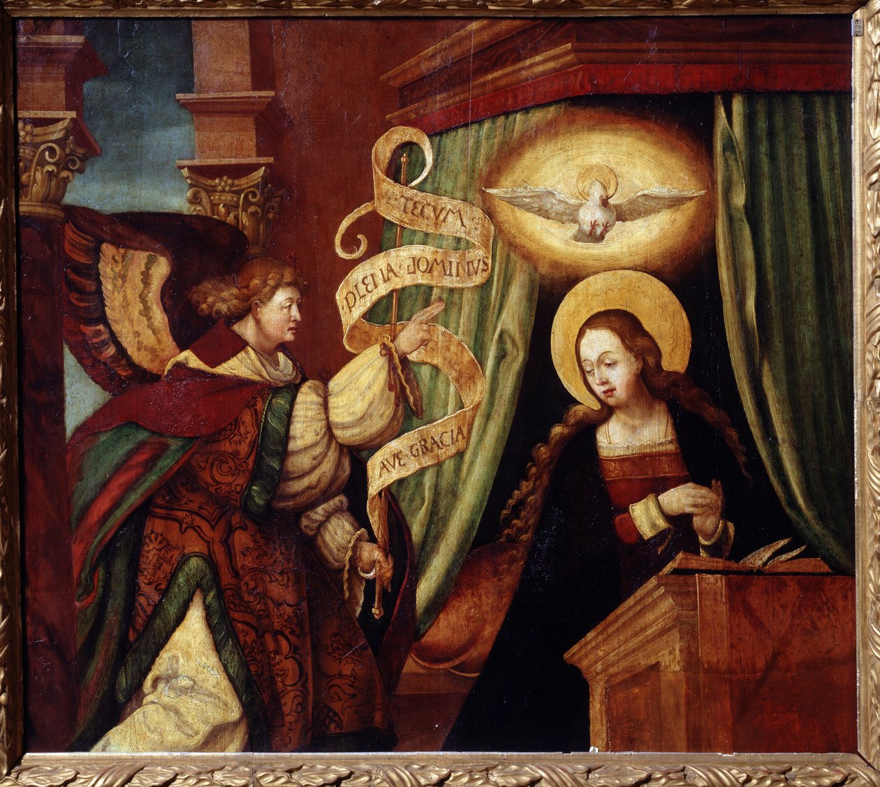 Az Angyali üdvözlet (The Annunciation). Gábriel arkangyal latinul üzeni: „Ave gratia plena Dominus tecum” (Üdvözlégy, kegyelemmel teljes, az Úr veled van) (az Ave Maria kezdete). Egy német mester festménye (XVI. század). Olaj alkotó: German School