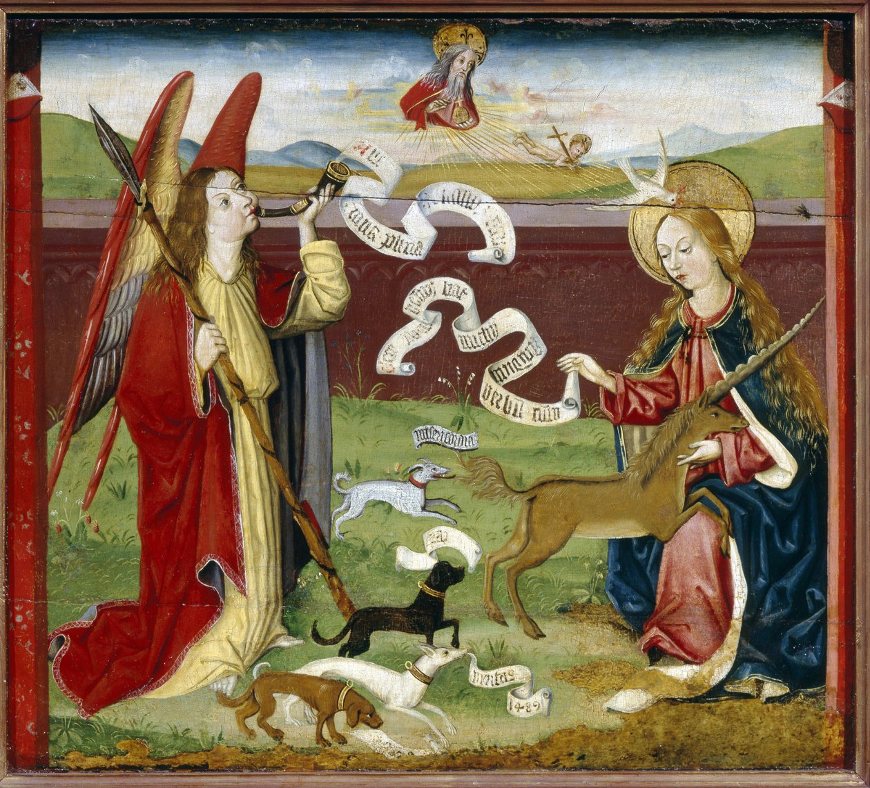 Az Angyali üdvözlet, az egyszarvú misztikus vadászata (The Annunciation. The Mystic Hunt of the Unicorn). Gábriel arkangyal kürtben fújja az isteni üzenetet Szűz Máriának, aki befogadja a Szentlélek galambját (Szentlélek), míg az egyszarvú alkotó: German School