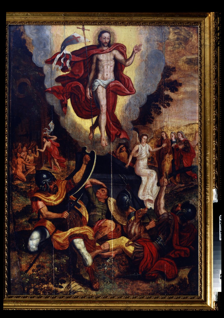Krisztus mennybemenetele (feltámadása). Pálcás keresztet (baton-croix) tart, amelynek végén egy fehér zászló (standard) lebeg, amelyet vörös kereszt vert. A bal oldalon Jézus Krisztus alászállása a bizonytalanságba. Mester festménye al alkotó: German School