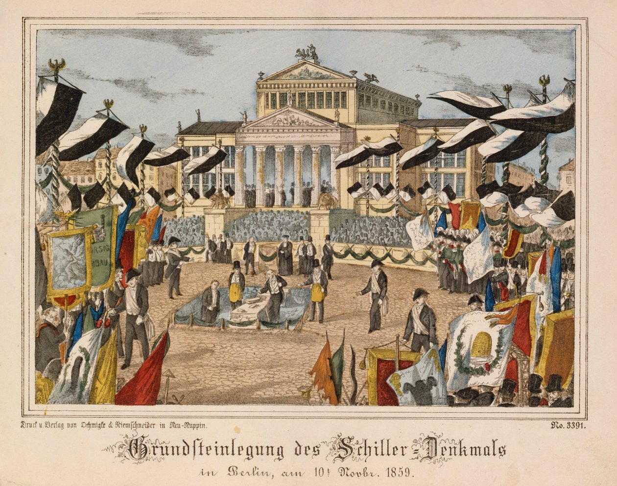 A Schiller-emlékmű alapkőletétele a berlini Gendarmenmarktban, 1859. november 10., háttérben a Schauspielhaussal, Neuruppiner Bilderbogenből, az Oehmigle & Ri kiadásában alkotó: German School