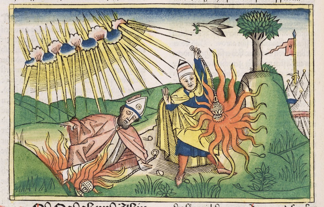 Leviticus 10 1-2 Nádáb és Abihu szentségtelen tüzet ajánl fel és meghal, a nürnbergi Bibliából (Biblia Sacra Germanaica) (színes fametszet) alkotó: German School