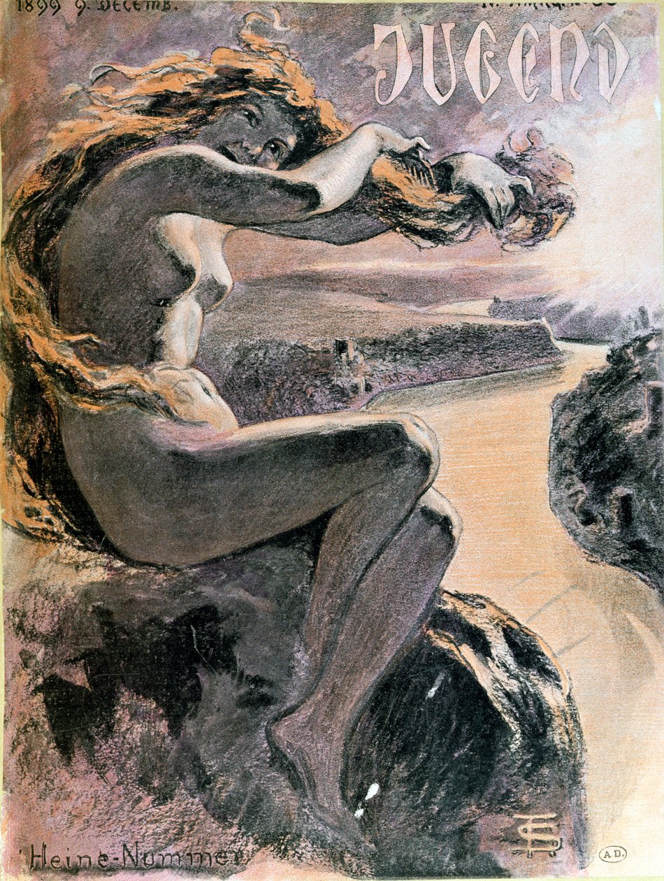 Lorelei és a Rajna folyó, a Jugend magazin Heinrich Heine (1797-1856) költőnek szentelt különszámának borítója, 1899. december 9. alkotó: German School