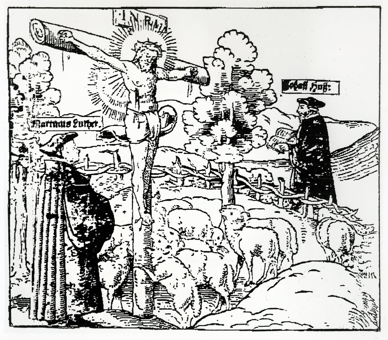 Luther (1483-1546) és Husz (1369-1415) Krisztussal a bárány akolban, 1520-21 alkotó: German School