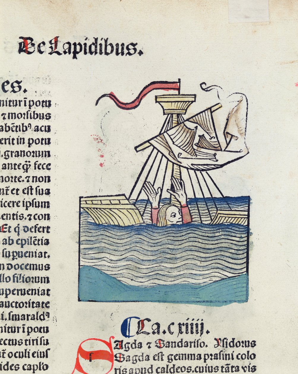 Ember leszáll egy hajótörött csónakban, illusztráció a Hortus Sanitatisból, 1491 (színes fametszet) alkotó: German School