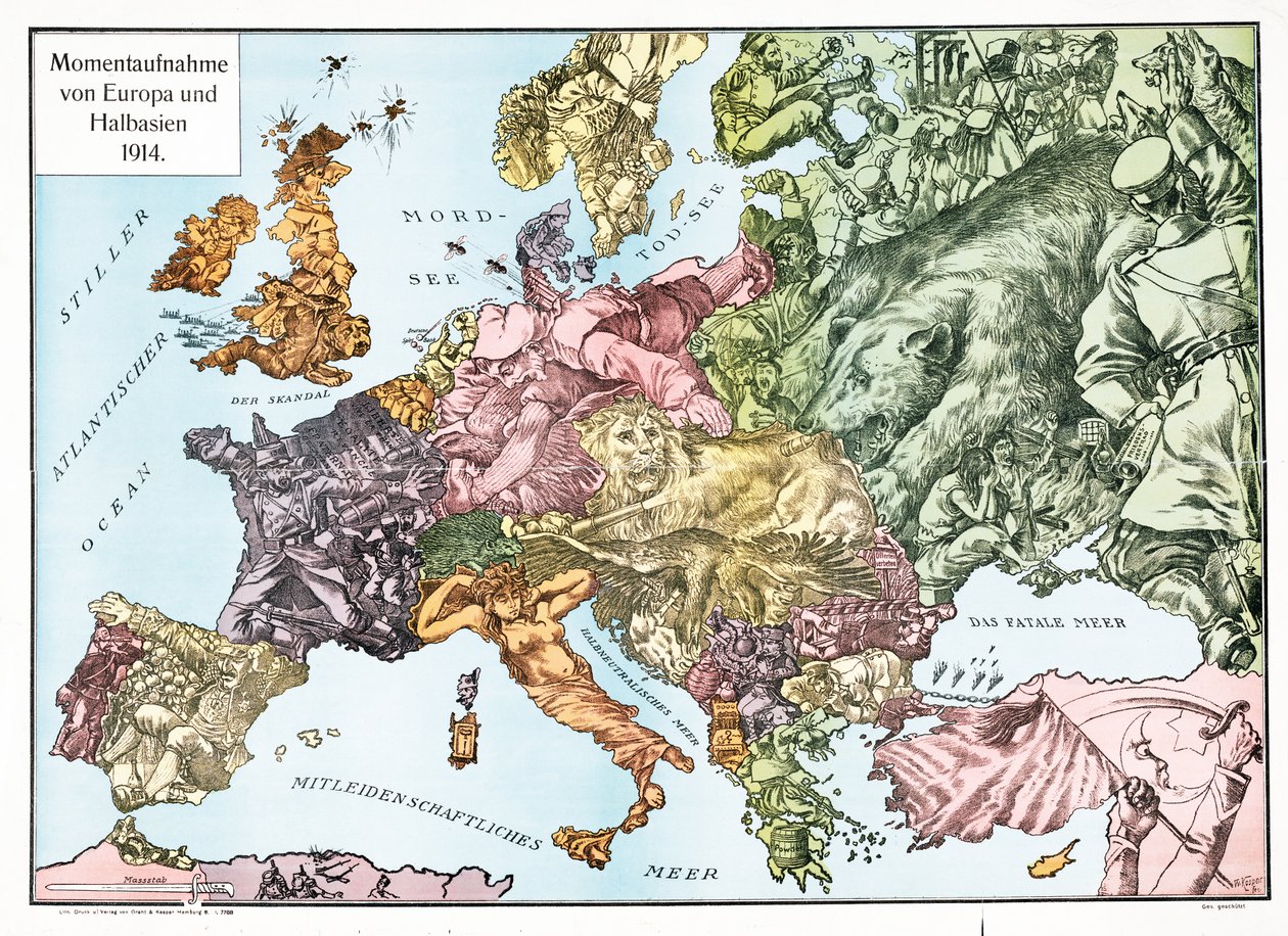 Európa térképe 1914-ben, kiadó 1915 (színes litográfia) alkotó: German School