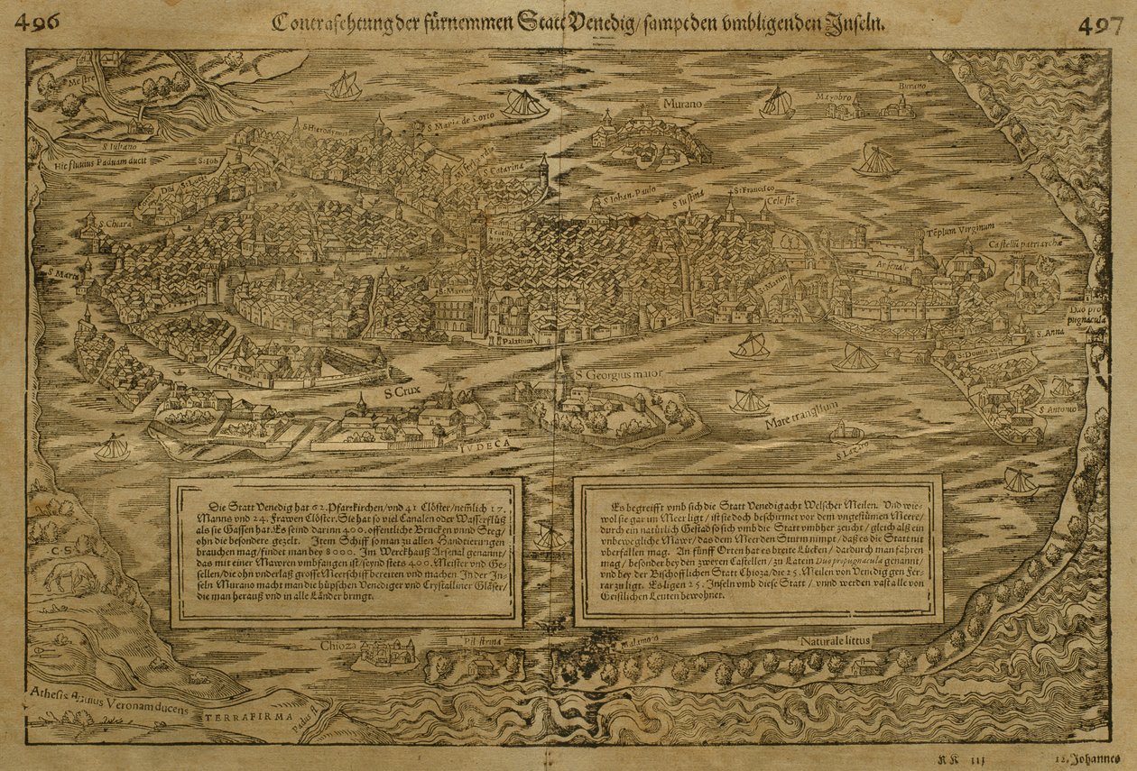 Velence térképe, Sebastian Munster (1488-1552) Bázelben, 1560 körül alkotó: German School