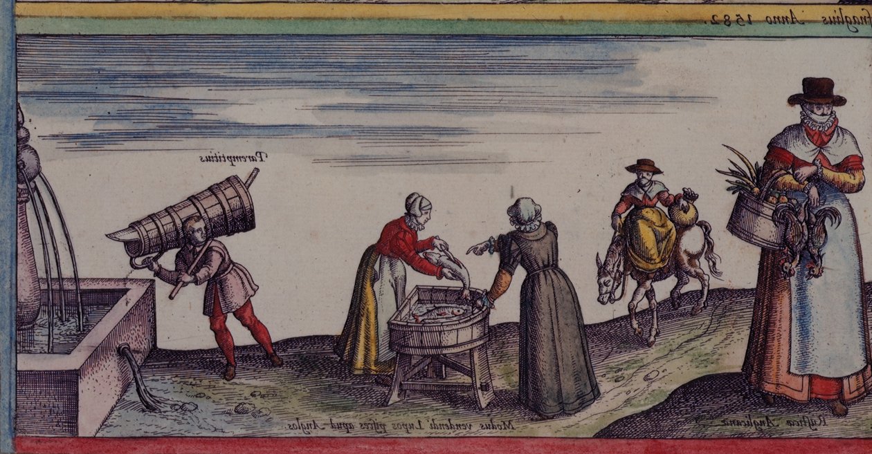Térképek.C.29.e.1 Halat vágó nők, a „Világ városai”, 1623 körül (vellum) alkotó: German School