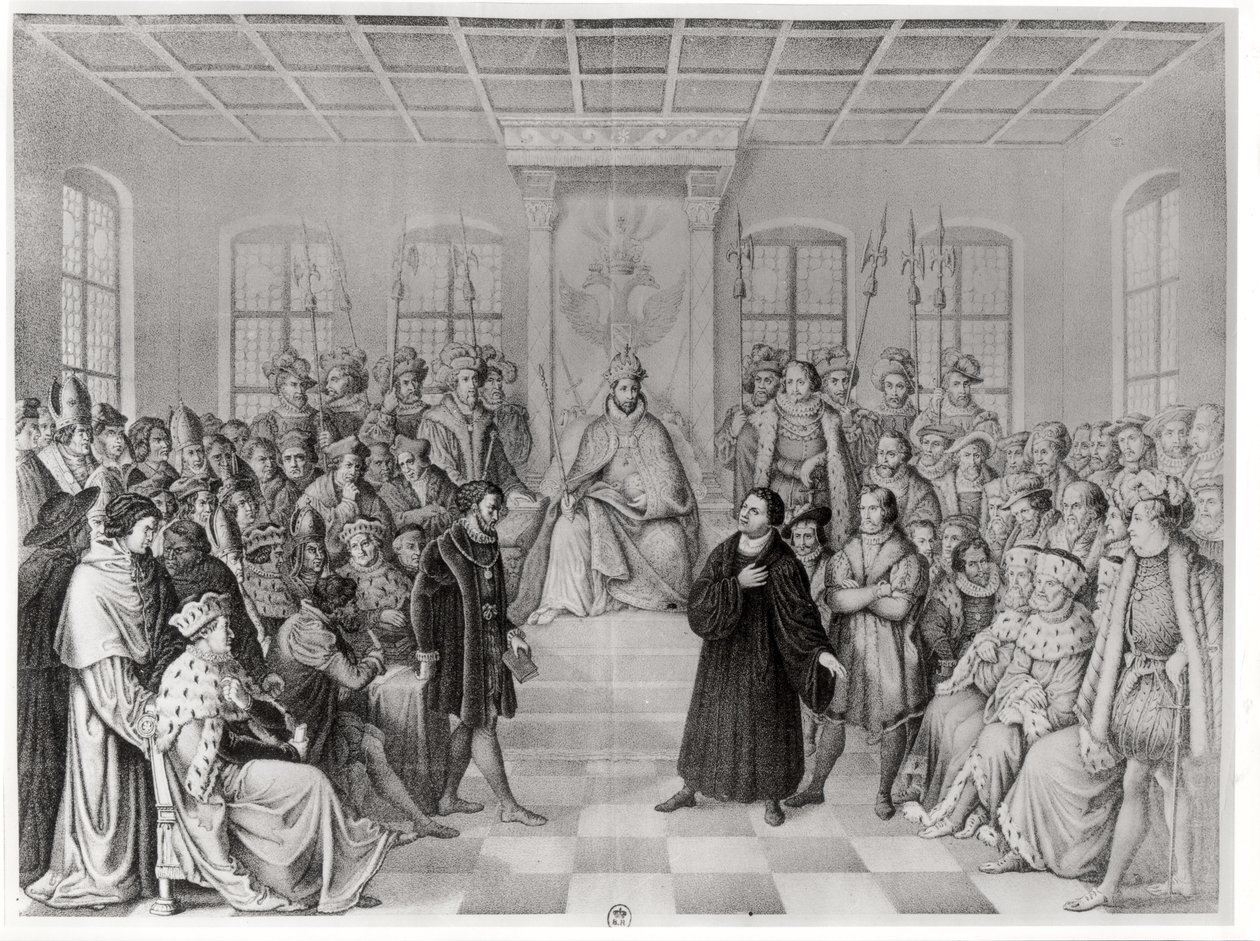 Luther Márton V. Károly (1500-58) előtt a wormsi diétán, 1521. április 16-án, a „Németország történelméből” alkotó: German School