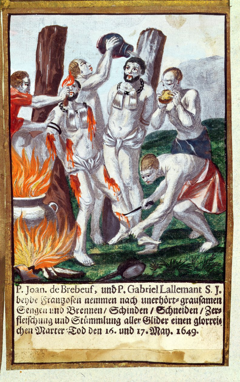 Jean de Brebeuf és Gabriel Lalemant mártíromsága Iroquoistól, Nouvelle-Franciaországban 1649, a Jesuits Martyrology, 1688-ból alkotó: German School