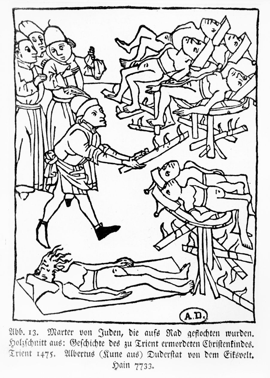 A Zsidók mártíromsága a keréken, a Trentben meggyilkolt keresztény gyermek történetéből, Albertus Kune, 1475. alkotó: German School