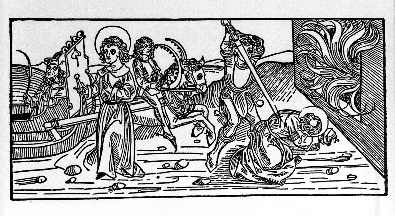 Szmirnai Szent Polikárp mártíromsága (kb. 69-155), eveque. Metszet a Voragine-i Jacobus (James) (1228-1298) „Leben der Heiligen – Sommerteil (a szent könyve)” című művéből alkotó: German School