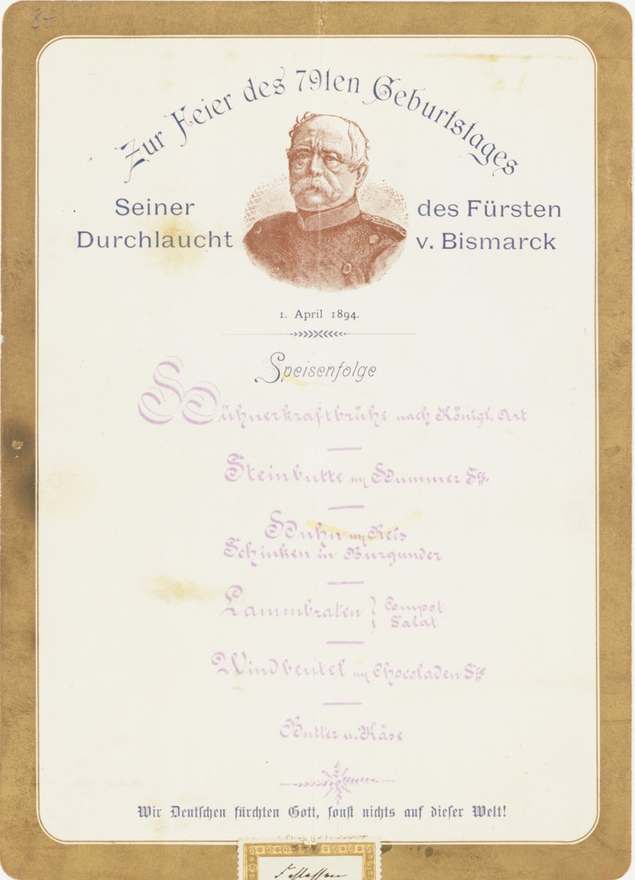 Menü Bismarck herceg 79. születésnapi ünnepségén 1894. április 1-jén alkotó: German School