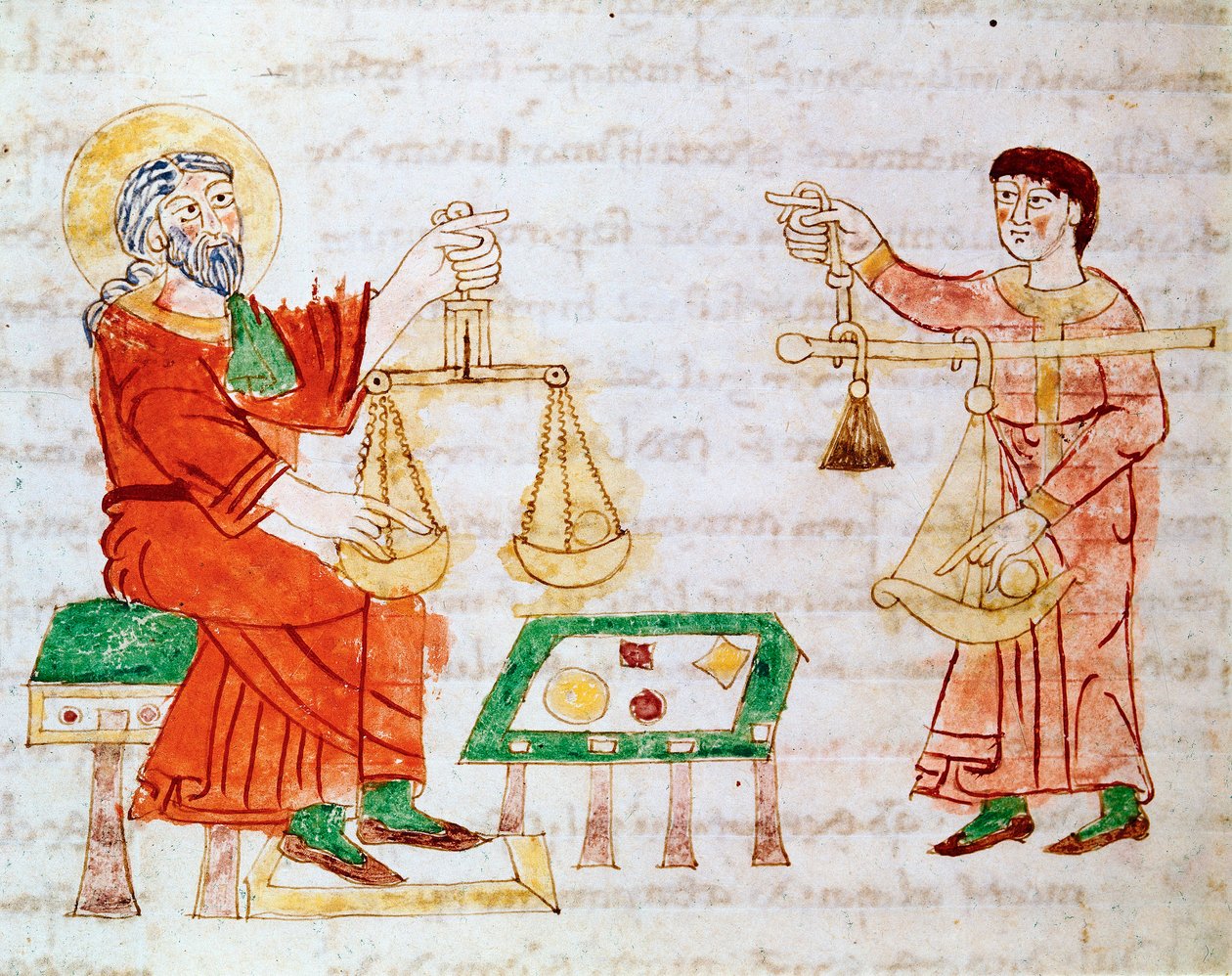 Mérleget használó kereskedők mérlegelésre és alkudozásra. Miniatűr Rabanus Maurus Magnentius (vagy Raban Maur vagy Rabano Mauro, kb. 780-856) „” De Universo” vagy „” De rerum naturis”” (A dolgok természetéből) kéziratából. 9. század. Monte C archívuma alkotó: German School
