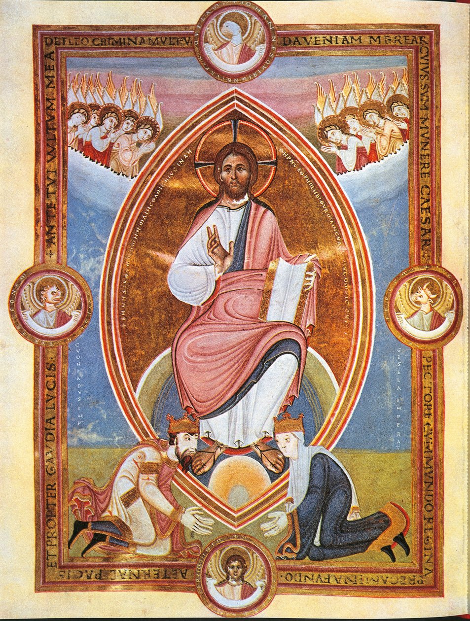 Krisztus áldását ábrázoló miniatűr mandula alakú aureolában II. Konrád császárral és Gisela császárnővel a lábánál (vellum) alkotó: German School